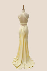 Yellow V Neck Mermaid Prom Dress with Train