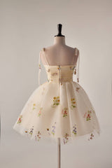 Tie Shoulder Champagne Floral Short Party Dress