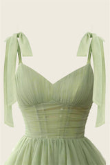 V-neck Sage Green Pleated A-line Short Dress