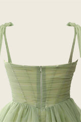 V-neck Sage Green Pleated A-line Short Dress