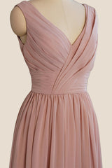 V Neck Blush Pleated A-line Long Dress