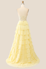 Sweetheart Yellow Appliques Tiered Ruffles Dress