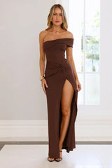 Lavish Luxe Off Shoulder Maxi Dress Brown