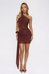 Glow Chaser Lace Mesh One Shoulder Mini Dress Brown