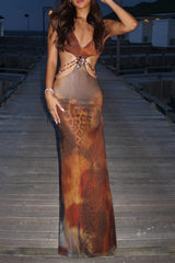 Elegant Leopard Backless Fitted Maxi Dress