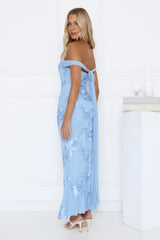 Lush Bloom Embroidered Off Shoulder Maxi Dress Blue