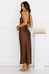 Nocturnal Bloom Satin Halter Maxi Dress Brown