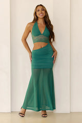 Icon Muse Halter Mesh Lace Maxi Dress Green