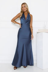 Glitz Gathering Halter Satin Maxi Dress Navy
