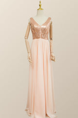 V Neck Rose Gold Sequin and Chiffon Long Bridesmaid Dress