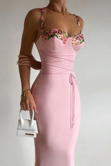 Floral Cup Detail Lace-Up Bodycon Maxi Dress