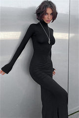 Solid Color High Neck Long Sleeve Maxi Dress