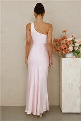 The Aurora One Shoulder Satin Maxi Dress Pink