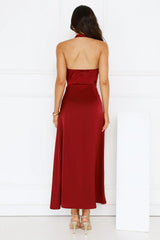 Night's Allure Satin Halter Maxi Dress Wine