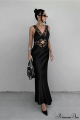 Cutout V Neck Lace Ruffled Mermaid Slim Maxi Dress