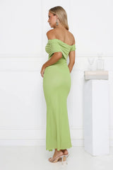 Talk Truthful Off Shoulder Mesh Maxi Dress Green
