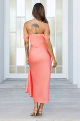 Sunrise Bloom Off Shoulder Mesh Maxi Dress Coral