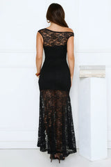 Sultry Spin Lace Off Shoulder Maxi Dress Black
