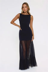 Sultry Mesh Tie Back Cutout Maxi Dress Navy