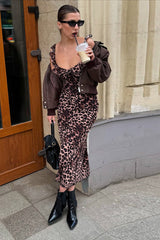 Leopard Ruffled V Neck Cami Maxi Dress