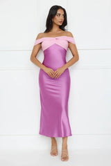 Luxe And Lavish Off Shoulder Satin Maxi Dress Purple
