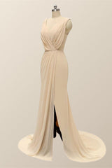 V Neck Blue Pleated Chiffon Long Bridesmaid Dress