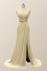 V Neck Blue Pleated Chiffon Long Bridesmaid Dress