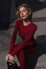 Smocked Round Neck Long Sleeve Slim Maxi Dress