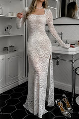 Split Sheer Jacquard Lace Long Sleeve Maxi Dress