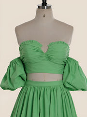 Two Piece Green A-line Long Prom Dress with Puff Sleeves