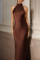 Vintage Solid Satin Backless Maxi Dress