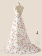 White Straps 3D Floral A-line Long Prom Dress